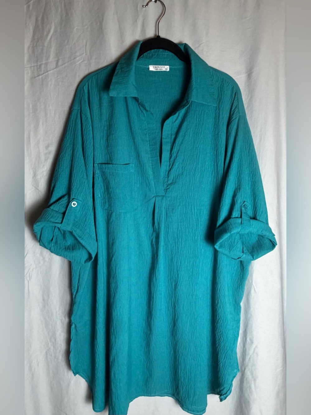 Teal Long Tunic Blouse /Cover Up Shirt Dress Roll Tab Sleeve